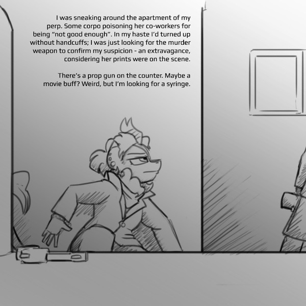 Size: 800x800 | Tagged: safe, artist:captainhoers, derpibooru import, oc, oc:silent spring, anthro, kirin, clothes, crossover, female, grayscale, image, jpeg, kirin oc, monochrome, narration, shadows of doubt, shoes, sneakers, solo, text