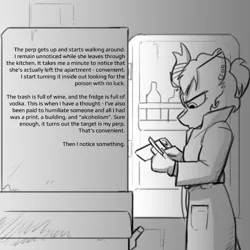 Size: 800x800 | Tagged: safe, artist:captainhoers, derpibooru import, oc, oc:silent spring, unofficial characters only, anthro, kirin, crossover, female, grayscale, image, jpeg, kirin oc, monochrome, narration, refrigerator, shadows of doubt, solo, text