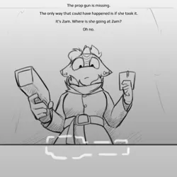Size: 800x800 | Tagged: safe, artist:captainhoers, derpibooru import, oc, oc:silent spring, unofficial characters only, anthro, kirin, crossover, dotted line, female, grayscale, image, jpeg, kirin oc, looking down, low angle, monochrome, narration, shadows of doubt, solo, text