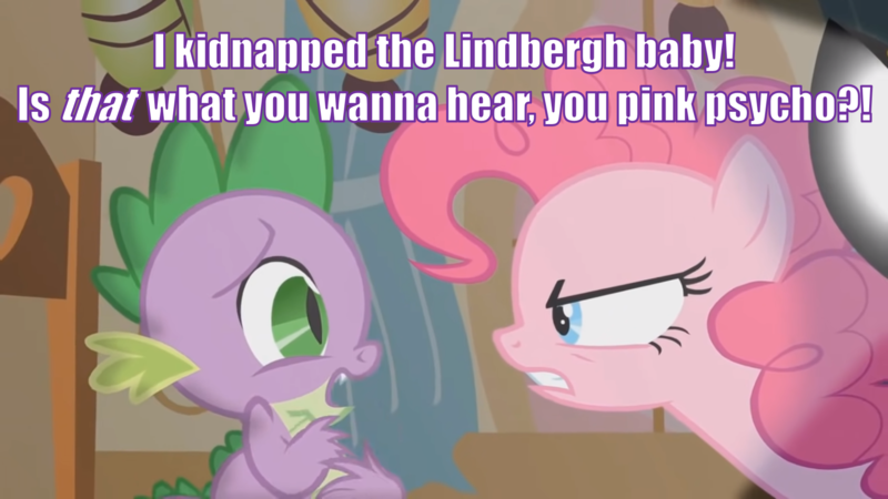 Size: 2000x1125 | Tagged: safe, derpibooru import, edit, edited screencap, screencap, pinkie pie, spike, dragon, earth pony, pony, party of one, angry, chair, duo, duo male and female, female, image, impact font, interrogation, john oliver, last week tonight, last week tonight with john oliver, male, mare, pinkie pie is not amused, png, reference, scared, spotlight, sugarcube corner, text, unamused