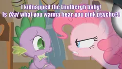 Size: 2000x1125 | Tagged: safe, derpibooru import, edit, edited screencap, screencap, pinkie pie, spike, dragon, earth pony, pony, party of one, angry, chair, duo, duo male and female, female, image, impact font, interrogation, john oliver, last week tonight, last week tonight with john oliver, male, mare, pinkie pie is not amused, png, reference, scared, spotlight, sugarcube corner, text, unamused