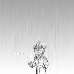 Size: 800x800 | Tagged: safe, artist:captainhoers, derpibooru import, oc, oc:silent spring, unofficial characters only, anthro, kirin, crossover, female, grayscale, image, jpeg, kirin oc, monochrome, rain, shadows of doubt, solo, text, wet, wet mane