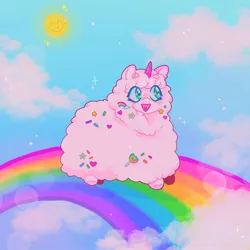 Size: 1440x1440 | Tagged: safe, artist:ariariari.png, derpibooru import, oc, oc:fluffle puff, pony, unicorn, candy, cloud, female, fluffy, food, happy, image, jpeg, mare, open mouth, open smile, pink fluffy unicorns dancing on rainbows, rainbow, smiling, solo, sun
