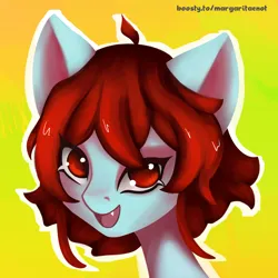 Size: 2000x2000 | Tagged: safe, artist:margaritaenot, derpibooru import, oc, unofficial characters only, pony, gradient background, image, png, red eyes, redhead, smiling, solo