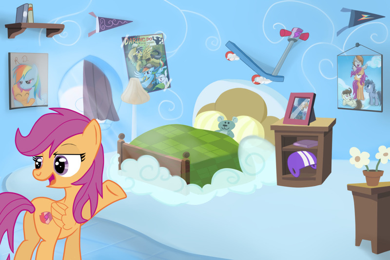 Size: 1280x853 | Tagged: safe, artist:redheadfly, derpibooru import, scootaloo, pony, bed, image, jpeg, older, scooter, solo