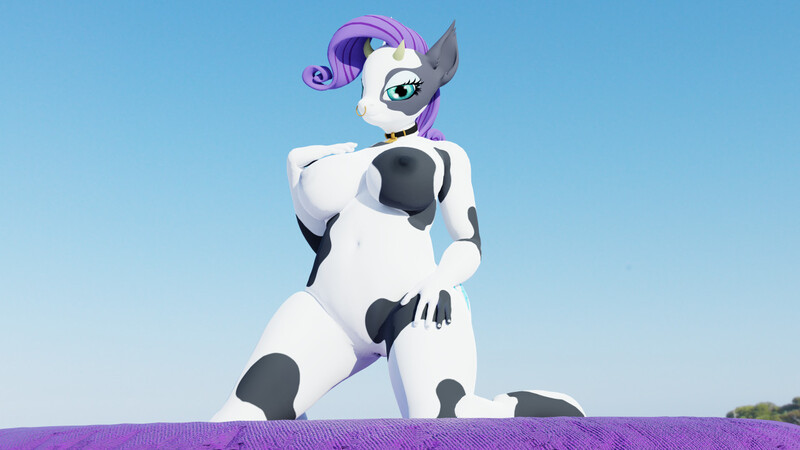 Size: 1280x720 | Tagged: questionable, artist:aeridiccore, artist:humblestone2, derpibooru import, rarity, anthro, cow, 3d, bedroom eyes, big breasts, breasts, collar, featureless crotch, hand on breast, hand on hip, image, jpeg, kneeling, looking at you, nipples, nose piercing, nose ring, nudity, outdoors, piercing, raricow, solo, species swap, spots