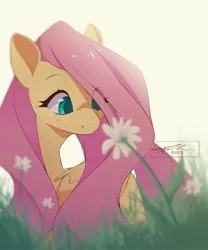 Size: 2500x3000 | Tagged: safe, artist:mindlessnik, derpibooru import, fluttershy, pegasus, pony, cute, eye clipping through hair, female, flower, image, jpeg, looking at something, mare, shyabetes, signature, solo
