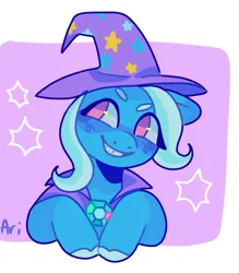 Size: 1208x1377 | Tagged: safe, artist:ariariari.png, derpibooru import, trixie, pony, unicorn, clothes, hat, image, jpeg, robe, smiling, solo, stars, wizard hat