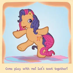Size: 1197x1197 | Tagged: safe, artist:prixy05, derpibooru import, hopscotch, scootaloo, scootaloo (g3), earth pony, pony, g3, blue background, caption, image, png, scootaloo will show us games to play, simple background, solo, text