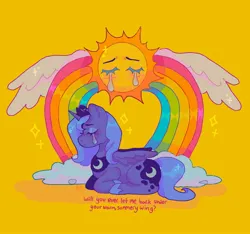 Size: 1440x1348 | Tagged: safe, artist:ariariari.png, derpibooru import, princess luna, alicorn, pony, crying, image, jpeg, rainbow, s1 luna, simple background, solo, sun, text, wings, yellow background