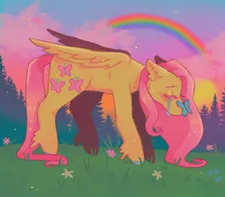 Size: 1440x1261 | Tagged: safe, artist:ariariari.png, derpibooru import, fluttershy, butterfly, insect, pegasus, pony, cloud, colored hooves, crying, flower, forest, forest background, grass, grass field, image, jpeg, rainbow, solo, tree