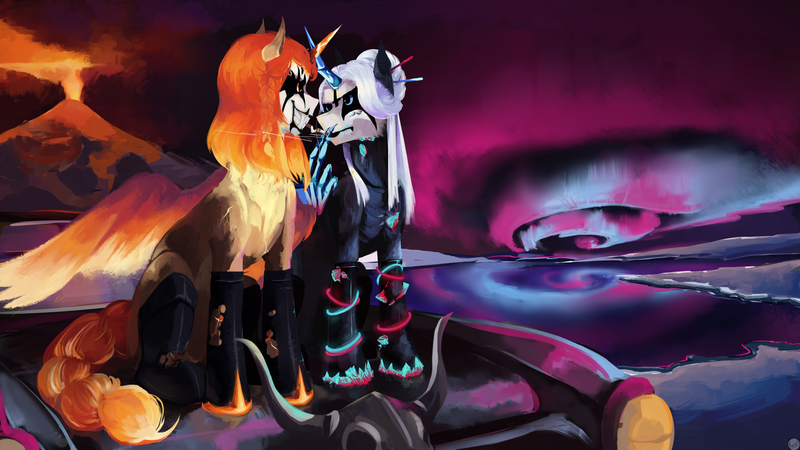 Size: 2560x1440 | Tagged: safe, artist:krapinkaius, derpibooru import, oc, oc:ayzat, oc:naegissa, unofficial characters only, alicorn, pony, aurora borealis, boots, braid, car, cigarette, clothes, colored wings, corpse paint, duo, female, hand, helmet, horned helmet, image, infinite eclipse, lake, magic, magic hands, mare, multicolored wings, png, shoes, smoking, viking helmet, volcano, water, wings