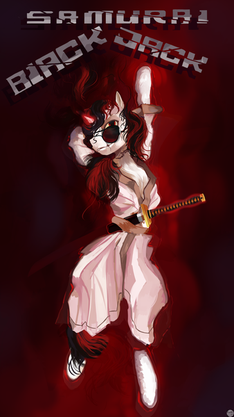 Size: 1440x2560 | Tagged: semi-grimdark, artist:krapinkaius, derpibooru import, oc, oc:blackjack, unofficial characters only, pony, unicorn, fallout equestria, fallout equestria: project horizons, blood, clothes, fanfic art, female, image, katana, mare, parody, png, robe, samurai, samurai jack, scar, solo, sunglasses, sword, weapon