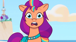Size: 640x360 | Tagged: safe, derpibooru import, sunny starscout, earth pony, pony, g5, my little pony: tell your tale, spoiler:g5, spoiler:my little pony: tell your tale, spoiler:tyts01e18, about to cry, animated, beach, crystal brighthouse, error, female, gif, glitch, image, mare, on your cutie marks, running away, solo, sunny sadscout, upset