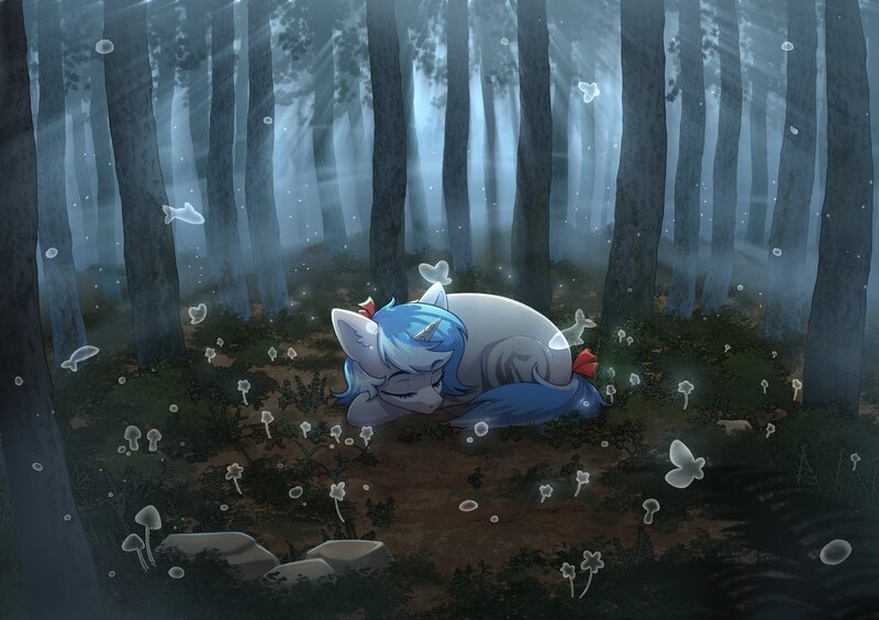 Size: 2894x2039 | Tagged: safe, artist:glumarkoj, derpibooru import, oc, unofficial characters only, pony, unicorn, bow, curled up, fog, forest, hair bow, image, jpeg, lying down, prone, sleeping, solo, spirit, tail, tail bow, tree