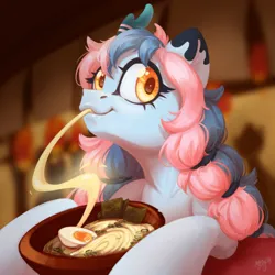 Size: 2048x2048 | Tagged: safe, artist:amishy, derpibooru import, oc, unofficial characters only, earth pony, pony, commission, eating, female, food, image, jpeg, mare, noodles, pigtails, ramen, smiling, solo, twintails, ych result