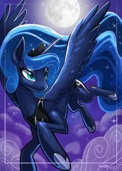 Size: 1622x2272 | Tagged: safe, artist:shazzykatana, derpibooru import, princess luna, alicorn, pony, blue eyes, blue mane, blue tail, cloud, crown, digital art, ethereal tail, eyeshadow, feather, female, flowing mane, flowing tail, flying, hoof shoes, horn, image, jewelry, jpeg, lidded eyes, makeup, mare, moonlight, night, peytral, regalia, signature, sky, smiling, solo, spread wings, tail, wings