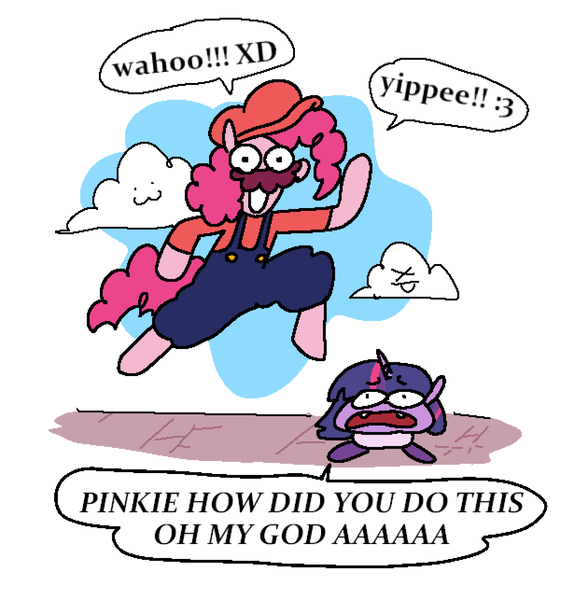 Size: 1890x1929 | Tagged: safe, artist:punkittdev, derpibooru import, pinkie pie, twilight sparkle, earth pony, pony, bipedal, clothes, commission, cosplay, costume, dialogue, duo, fake moustache, female, goomba, goombafied, image, jumping, mare, mario, overalls, png, simple background, species swap, speech bubble, super mario bros., white background