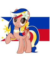 Size: 678x800 | Tagged: safe, artist:diniarvegafinahar, derpibooru import, oc, oc:pearl shine, ponified, unofficial characters only, pegasus, pony, choker, colored wings, female, flag, flower, flower in hair, gradient wings, image, mare, nation ponies, philippines, png, raised hoof, simple background, smiling, solo, stars, white background, wings