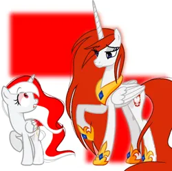Size: 640x638 | Tagged: safe, artist:diniarvegafinahar, derpibooru import, oc, oc:indonisty, oc:queen poland, ponified, unofficial characters only, alicorn, pony, duo, female, gem, image, indonesia, jewelry, looking at each other, looking at someone, looking back, mare, nation ponies, png, poland, raised hoof, regalia, shrunken pupils