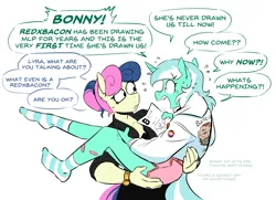 Size: 1465x1061 | Tagged: safe, artist:redxbacon, derpibooru import, bon bon, lyra heartstrings, sweetie drops, anthro, earth pony, unicorn, bandage, breaking the fourth wall, carrying, clothes, dialogue, female, hoodie, image, lesbian, lyrabon, mouthpiece, panic, png, pride flag, shipping, simple background, socks, watch, white background