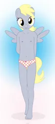 Size: 1704x3799 | Tagged: suggestive, artist:tolpain, banned from derpibooru, ponybooru import, derpy hooves, anthro, plantigrade anthro, barefoot, belly button, breasts, clothes, delicious flat chest, feet, female, image, lolicon, looking at you, nipples, nudity, panties, png, small breasts, smiling, solo, underage, underwear, younger