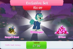 Size: 1268x860 | Tagged: safe, derpibooru import, official, distemper, pony, unicorn, bag, bundle, clothes, compass, costs real money, english, facial hair, fishing rod, gameloft, gem, hat, horn, image, jpeg, key, male, mobile game, moustache, my little pony: magic princess, numbers, sale, saw, shovel, solo, solo focus, stallion, telescope, text