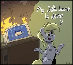Size: 2306x2042 | Tagged: safe, artist:la hum, derpibooru import, derpy hooves, pegasus, pony, blue screen of death, computer, cyrillic, derp, female, fire, i just don't know what went wrong, image, mare, name tag, png, shrug, smoke, solo