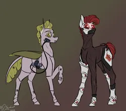Size: 3600x3200 | Tagged: safe, artist:stardustspix, derpibooru import, oc, oc:apocrita, unofficial characters only, changeling, earth pony, pony, amputee, bags under eyes, black coat, changeling oc, duo, earth pony oc, female, image, mare, pink coat, png, prosthetic eye, prosthetic limb, prosthetics, raised hoof, red and black oc, red eyes, red mane, scar, sternocleidomastoid, yellow changeling, yellow eyes
