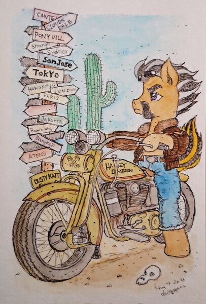 Size: 1387x2048 | Tagged: safe, artist:daisymane, derpibooru import, oc, oc:dusty katt, unofficial characters only, earth pony, pony, bipedal, cactus, image, jpeg, motorcycle, road sign, solo, traditional art