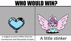 Size: 1014x592 | Tagged: safe, artist:balileart, derpibooru import, princess flurry heart, alicorn, pony, baby, baby pony, crystal heart, female, filly, foal, grayscale, image, jpeg, meme, monochrome, solo, spread wings, text, who would win, wings