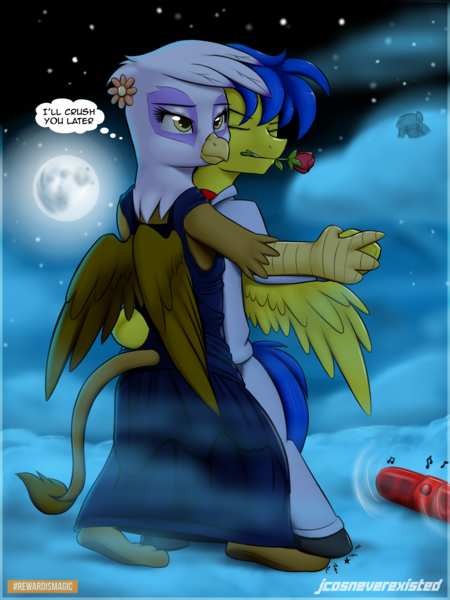 Size: 1440x1920 | Tagged: safe, artist:jcosneverexisted, paywalled source, gilda, rainbow dash, oc, oc:orion, gryphon, pony, binoculars, bipedal, canon x oc, clothes, cloud, dancing, eyes closed, female, flower, flower in mouth, gildarion, image, male, moon, mouth hold, night, pain, patreon, paws, png, rose, rose in mouth, shipping, sky, spying, straight, tango, toes