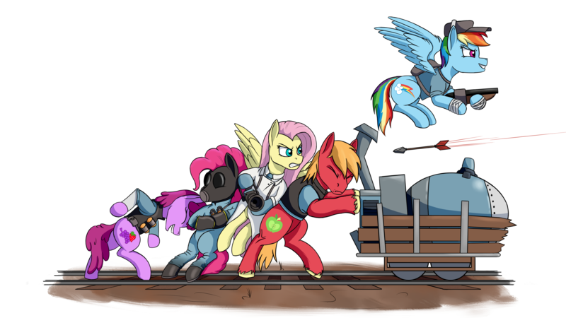 Size: 4000x2250 | Tagged: safe, artist:enteryourponyname, derpibooru import, ponified, earth pony, pegasus, pony, angry, arrow, clothes, crossover, demoberry, fluttermedic, gas mask, gun, heavy mac, image, mask, payload cart, pinkie pyro, png, pushing, railroad, rainbow scout, shotgun, simple background, team fortress 2, transparent background, weapon