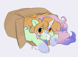 Size: 1160x846 | Tagged: safe, alternate version, artist:damayantiarts, derpibooru import, oc, unofficial characters only, pony, unicorn, alternate character, animated, box, ear twitch, gif, image, pony in a box, solo