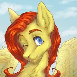 Size: 1600x1600 | Tagged: safe, artist:baobabguy, derpibooru import, oc, oc:cordylight, pegasus, pony, bust, image, looking at you, one eye closed, png, portrait, solo, spread wings, wings, wink