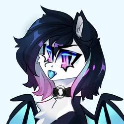 Size: 1500x1500 | Tagged: safe, artist:star_theft, derpibooru import, oc, unofficial characters only, bat pony, pony, bat pony oc, bat wings, blue tongue, bust, chest fluff, choker, female, googly eyes, image, jpeg, simple background, solo, tongue out, white background, wings