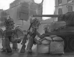 Size: 2925x2250 | Tagged: safe, artist:ashel_aras, derpibooru import, bat pony, earth pony, pony, accordion, armor, black and white, box, building, gray background, grayscale, gun, hat, image, monochrome, musical instrument, png, rifle, simple background, t-34, tank (vehicle), victory day, weapon