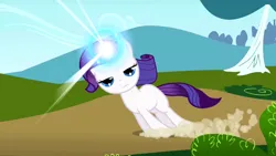 Size: 1280x720 | Tagged: safe, derpibooru import, screencap, rarity, pony, unicorn, season 1, the cutie mark chronicles, bored, dragging, female, filly, filly rarity, frown, image, looking at you, narrowed eyes, png, solo, younger