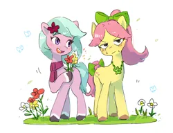 Size: 3000x2300 | Tagged: safe, artist:fuyugi, derpibooru import, posey (g5), earth pony, pony, g5, adoraposey, adordahlia, blushing, bow, coat markings, cute, dahlia, flower, flower in hair, hair bow, image, jewelry, necklace, open mouth, open smile, png, simple background, smiling, socks (coat marking), tail, tail bow, unamused, unshorn fetlocks, white background