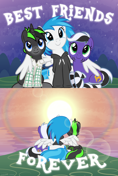 Size: 3327x4970 | Tagged: safe, artist:lightning stripe, derpibooru import, oc, oc:lightning stripe, oc:snow fury, oc:vortex zero, unofficial characters only, earth pony, pegasus, pony, unicorn, 2023, black, black and white mane, black coat, black hair, black mane, blue, blue eyes, blue hair, blue mane, buttons, clothes, commission, crying, cute, cuteness overload, cutie mark, derpibooru exclusive, eyelashes, female, front view, gradient hooves, green, green eyes, green mane, hoodie, horn, hug, image, lens flare, lying down, makeup, male, mare, not vinyl scratch, ocbetes, ocean, png, purple coat, rear view, shirt, show accurate, side, sitting, sky, socks, stallion, stars, striped socks, stripes, sun, sundog, sunset, tail, tears of joy, text, trio, two toned mane, two toned tail, vector, water, watermark, white, white coat, wholesome, winghug, wings