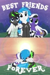 Size: 3327x4970 | Tagged: safe, artist:lightning stripe, derpibooru import, oc, oc:lightning stripe, oc:snow fury, oc:vortex zero, unofficial characters only, earth pony, pegasus, pony, unicorn, 2023, black, black and white mane, black coat, black hair, black mane, blue, blue eyes, blue hair, blue mane, buttons, clothes, commission, crying, cute, cuteness overload, cutie mark, derpibooru exclusive, eyelashes, female, front view, gradient hooves, green, green eyes, green mane, hoodie, horn, hug, image, lens flare, lying down, makeup, male, mare, not vinyl scratch, ocbetes, ocean, png, purple coat, rear view, shirt, show accurate, side, sitting, sky, socks, stallion, stars, striped socks, stripes, sun, sundog, sunset, tail, tears of joy, text, trio, two toned mane, two toned tail, vector, water, watermark, white, white coat, wholesome, winghug, wings