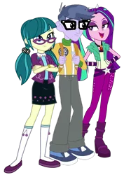 Size: 656x927 | Tagged: safe, artist:kimberlythehedgie, artist:mixiepie, artist:skyfallerart, derpibooru import, edit, aria blaze, juniper montage, microchips, equestria girls, movie magic, rainbow rocks, spoiler:eqg specials, ariachips, backpack, boots, clothes, crossed arms, female, gem, glasses, group sex, high heel boots, image, kneesocks, male, microjuniper, pants, pigtails, png, sex, shipping, shoes, simple background, siren gem, skirt, smiling, socks, straight, threesome, transparent background, twintails, vector