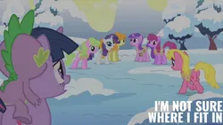 Size: 2000x1125 | Tagged: safe, derpibooru import, edit, edited screencap, editor:quoterific, screencap, amethyst star, berry punch, berryshine, carrot top, cherry berry, daisy, flower wishes, golden harvest, rarity, spike, twilight sparkle, season 1, winter wrap up, image, png