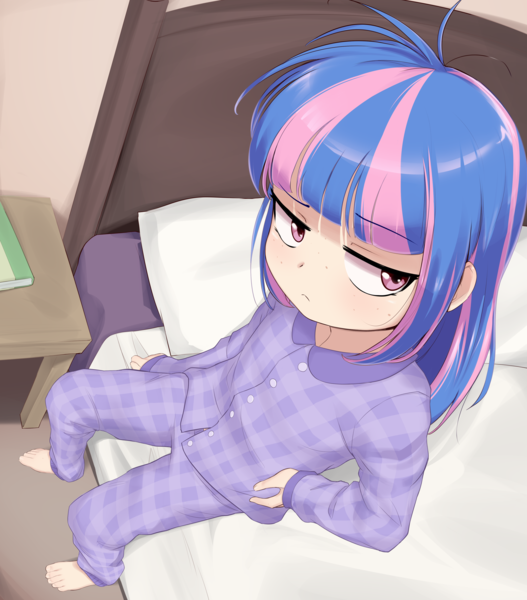 Size: 3332x3794 | Tagged: safe, artist:pestil, wind sprint, human, bed, bed hair, bedroom, book, clothes, feet, female, humanized, image, pajamas, png, sitting, solo