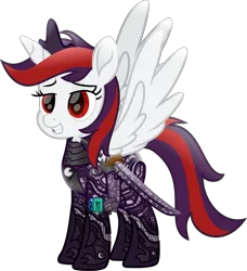 Size: 6195x6797 | Tagged: safe, artist:lincolnbrewsterfan, artist:vector-brony, derpibooru import, oc, oc:blackjack, unofficial characters only, alicorn, cyborg, pony, unicorn, fallout equestria, fallout equestria: project horizons, .svg available, 2019, 2023, absurd resolution, armor, artificial alicorn, cyber eyes, cyber legs, cybernetic legs, cyberpunk, delta pipbuck, eclipse, fanfic art, feathered wings, female, grin, happy, highlights, iconian armor, iconium, image, level 5 (iconium) (project horizons), lidded eyes, looking at something, looking forward, lunar eclipse, mare, moonlight eclipse (project horizons), movie accurate, png, rapier, redesign, redraw, remastered, show moviefied, simple background, smiling, solo, spread wings, standing, sword, transparent background, upgrade, vector, weapon, wings