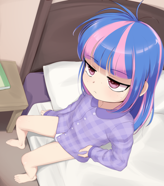 Size: 3332x3794 | Tagged: safe, artist:pestil, wind sprint, human, bed, bed hair, bedroom, book, clothes, feet, female, hand on hip, humanized, image, no pants, pajamas, panties, png, shirt, sitting, solo, thighs, underwear, white panties