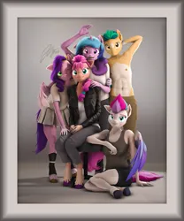 Size: 5320x6400 | Tagged: safe, artist:imafutureguitarhero, derpibooru import, hitch trailblazer, izzy moonbow, pipp petals, sunny starscout, zipp storm, anthro, earth pony, pegasus, pony, unguligrade anthro, unicorn, g5, 3d, adorapipp, arm around back, arm behind head, arm on shoulder, blaze (coat marking), boots, cargo pants, cheek fluff, chest freckles, chromatic aberration, clothes, coat markings, colored eyebrows, colored eyelashes, colored hooves, colored wings, cute, denim, ear fluff, ear freckles, facial markings, female, film grain, floppy ears, fluffy hair, fluffy mane, fluffy tail, frame, freckles, group, group photo, group shot, hoof boots, horn, image, izzybetes, jacket, jeans, jpeg, leather, leather jacket, long nails, looking at camera, looking at you, male, mare, multicolored hair, multicolored mane, multicolored tail, multicolored wings, one ear down, one eye closed, open mouth, pants, partial nudity, partially open wings, photo, pleated skirt, revamped anthros, revamped ponies, shadow, shirt, shoes, shorts, signature, sitting, sitting on floor, skirt, smiling, smiling at you, socks (coat marking), source filmmaker, sunnybetes, tail, tanktop, topless, two toned wings, unshorn fetlocks, waving, waving at you, wings, wink, winking at you