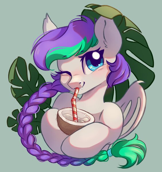 Size: 2778x2948 | Tagged: safe, artist:melodylibris, derpibooru import, oc, oc:lony, unofficial characters only, bat pony, pony, bat pony oc, bat wings, blushing, braid, coconut cup, cute, drinking, drinking straw, female, green background, hoof hold, image, jpeg, leaf, looking at you, mare, ocbetes, simple background, smiling, smiling at you, solo, wings