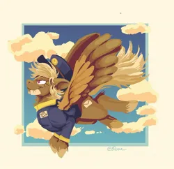Size: 1080x1045 | Tagged: safe, artist:bluueflame, derpibooru import, pegasus, pony, clothes, cloud, determined look, female, flying, forced meme, hat, image, jpeg, mare, meme, name tag, open mouth, red eyes, shitfuck meme, signature, sky, spread wings, swift reply, uniform, vulgar, wings