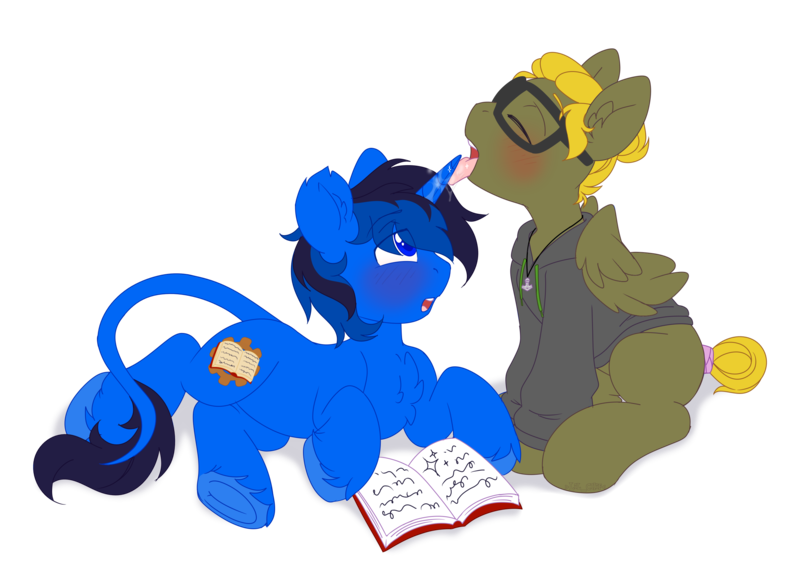 Size: 2870x2090 | Tagged: questionable, alternate version, artist:lil_chif, derpibooru import, oc, oc:bluethecake, oc:donnik, unofficial characters only, pegasus, pony, unicorn, blushing, book, chest fluff, clothes, hoodie, horn, horn licking, hornjob, image, licking, oc x oc, png, shipping, simple background, tongue out, transparent background